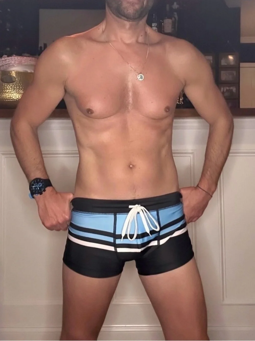 Project 51 | Cassis Square Cut Swim Trunks in Black Red White (Large)